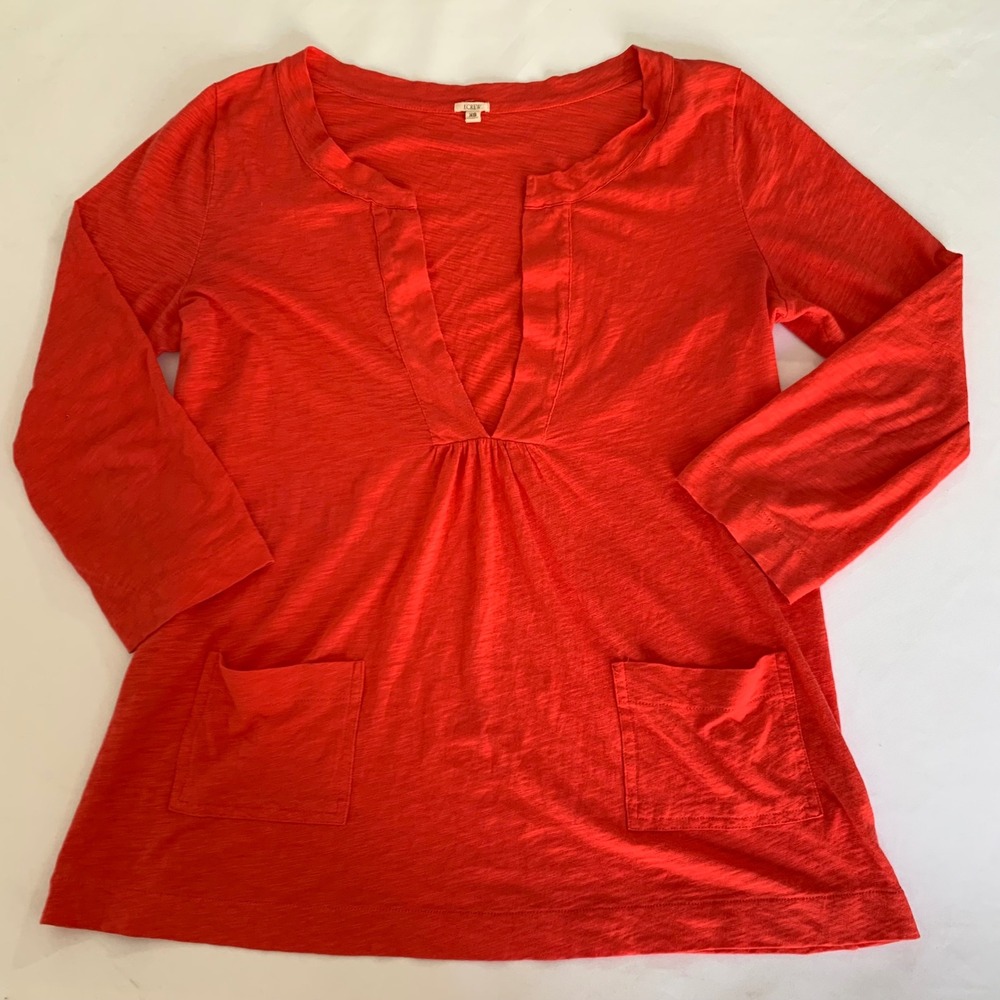 Y2K J.Crew Tunic Top Women XS Orange Red Slub Cotton Deep VNeck Pockets Boho
